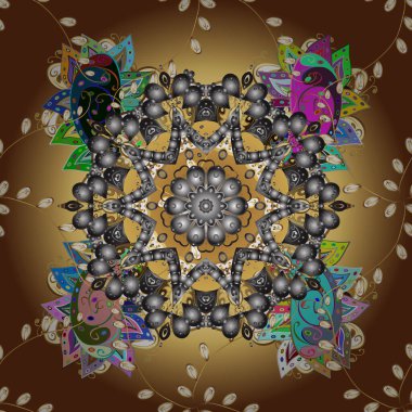 Tekstil, davetiyeler, afişler ve diğerleri için. Vektör çizimi. Sarı, kahverengi ve gri renkte renkli, yuvarlak mandala..