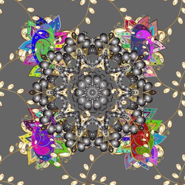 Birçok taç yaprağı çiçekli kutsal geometrik vektör sembolü. Gri, sarı ve kahverengi renklerde renkli mandala logosu.