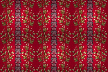 Kırmızı, gri ve sarı renklerde altın desenli altın elementler. Süslü raster dekorasyonu. Barok tarzında duvar kağıdı tasarımı için kusursuz damaske deseni arkaplanı.