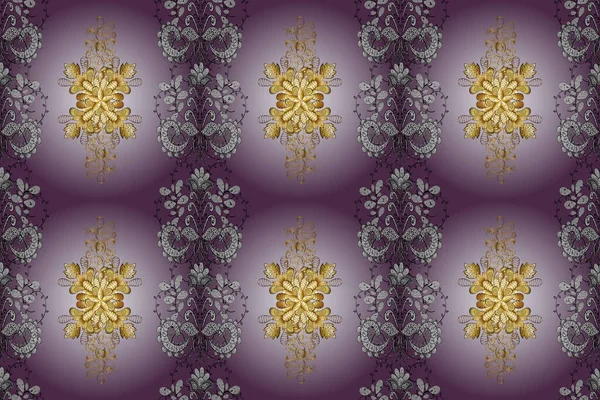 バロック様式のシームレスな東洋の装飾 金元素と中性 紫と白の色の伝統的な古典的な黄金のラスターパターン — ストック写真