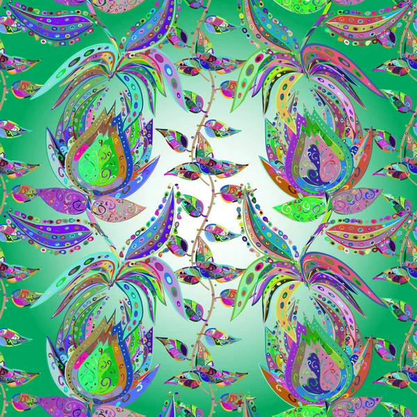 Вектор Запас Безшовний Візерунок Зеленими Синіми Нейтральними Квітами Акварельний Квітковий — стоковий вектор