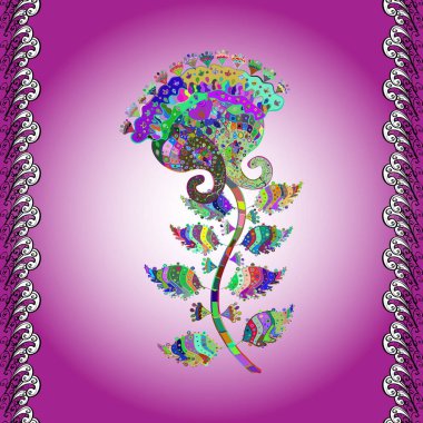 Çiçeksiz desenli, suluboya elle çizilmiş elementler. Parlak renkli fantezi çiçekleri, yapraklar, nötr, mor ve mor renkli tomurcuklar, nötr, mor ve mor.