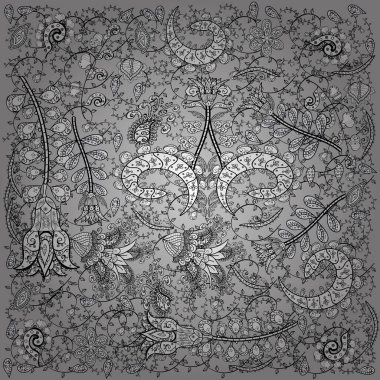 Pattern with spring flowers with branch, on white, black and gray colors with flower silhouette. Vector pattern.