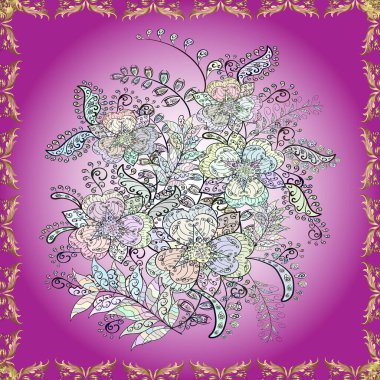 Elle çizilmiş çiçek deseni (fayans). Tekstil için dikişsiz suluboya desen. Şirin çiçekler, şal desenli, mor, mor ve nötr renklerle renksiz desen..