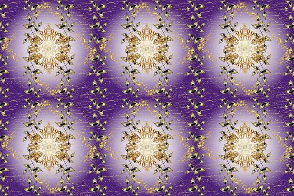 Golden pattern on neutral, gray and violet colors with golden elements. Islamic design. Golden textile print. Seamless pattern oriental ornament. Floral tiles.