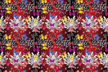 Şirin kelebeklerin kusursuz desenleri. Elle çizilmiş illüstrasyon. Moda Kumaşı Tasarımı. Resimler beyaz, siyah ve kırmızı renklerde.