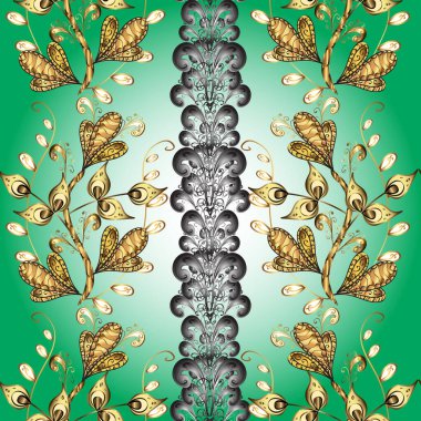 Vektör. Hassas altın deseni açın. Doğu tarzı arabesk. Parlak dantel, stilize çiçekler. Kusursuz altın desenli bukleler. Yeşil üzerinde pürüzsüz desen, altın elementli gri renkler.