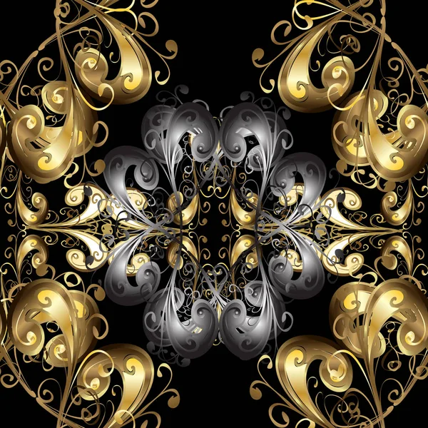 페이퍼 바로크 다마스크 바다없는 검은색 회색을 황금색 원소들 그래픽 패턴이죠 — 스톡 벡터