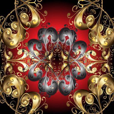 Kart, duvar kağıdı, ambalaj ve tekstil için klasik tasarım. Kusursuz desenli altın elementler. Vektör çizimi. Altın şablon. Siyah, kırmızı ve kahverengi renklerin kraliyet retro 'su. Çiçeksel klasik doku.