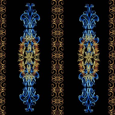 Klasik oryantal desen siyah, kahverengi ve mavi renklerden önce gelir. Damask pürüzsüz süsü. Geleneksel vektör ve altın desen.