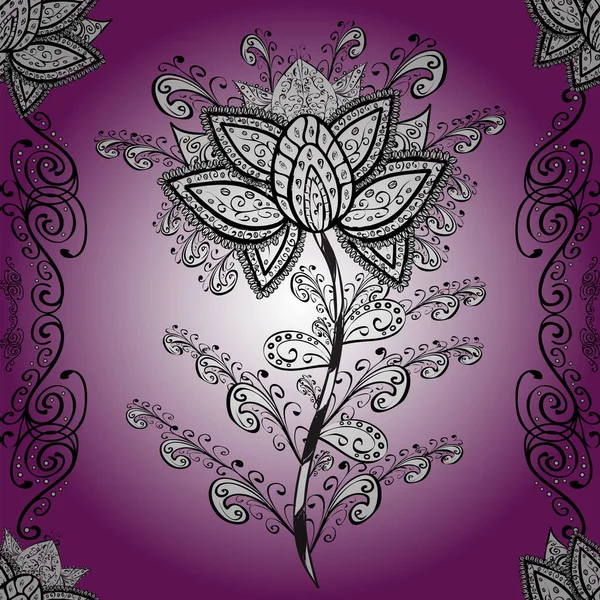 带花的多朵花型的矢量花纹 柔和的花背 紫色和中性色彩的花朵 — 图库矢量图片