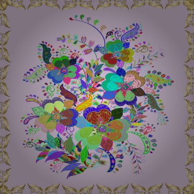 Bahar Tema Dikişsiz desen arka plan rengi. Sorunsuz vintage. Vektör şirin kumaş deseni. Düz çiçek öğeleri tasarım.