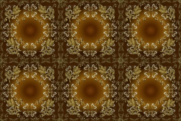 Fantasy illustration. Seamless abstract background with cute elements. Orient background. Pictures in beige, brown and yellow colors. Orient raster classic vintage pattern.