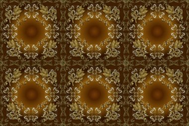 Fantezi çizimi. Şirin elementlerle kusursuz soyut bir arkaplan. Doğu geçmişi. Bej, kahverengi ve sarı renkli resimler. Orient raster klasik vintage desen.