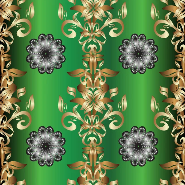装飾品だ 王室とビクトリア朝の概念 金色の要素を持つ緑 グレー ベージュの色の黄金のパターン 金のベクトルヴィンテージバロック花シームレスパターン — ストックベクタ