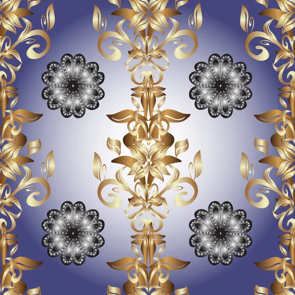 ベクトルイラスト グレー ニュートラル バイオレットカラーのヴィンテージシームレスなパターンと金色の要素 — ストックベクタ