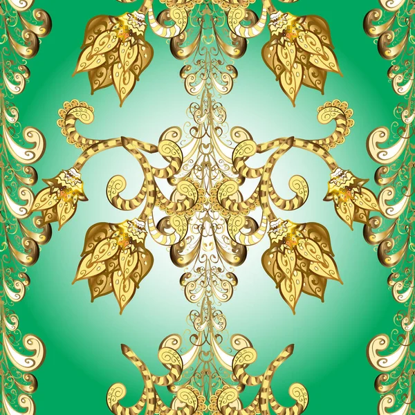 녹색의 무늬가 동양식 아라베스크의 성분이다 반투명 패턴이야 가시없는 황금색 — 스톡 벡터