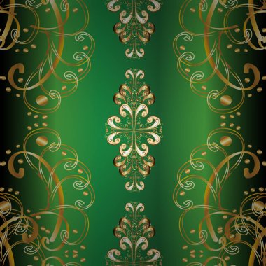 Klasik, kusursuz, kusursuz bir vektör. Çiçek süsü kumaş deseni, cam, çiçek desenli metal sarı, yeşil ve bej renkli altın elementler..