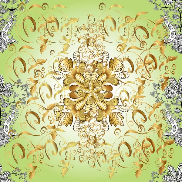 Золотий Візерунок Нейтральних Жовтих Бежевих Кольорах Золотими Елементами Фон Тканина — стоковий вектор