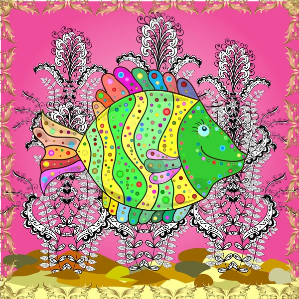 stock image Decorative ornament. Abstract Color image of repeating and alternating constituent elements. Seamless pattern with fish. Fishes on yellow, white and pink.