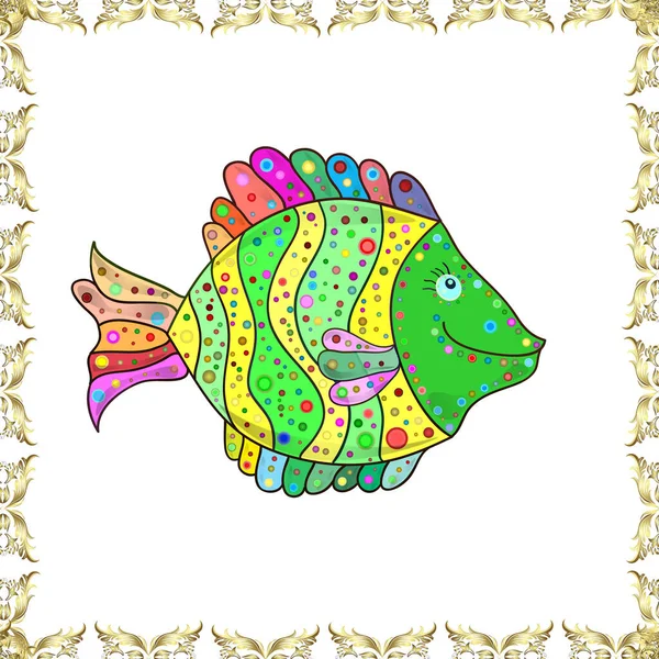 Гарна Риба Зелена Жовта Біла Кольорах Симпатична Ілюстрація Лінією Риби — стокове фото