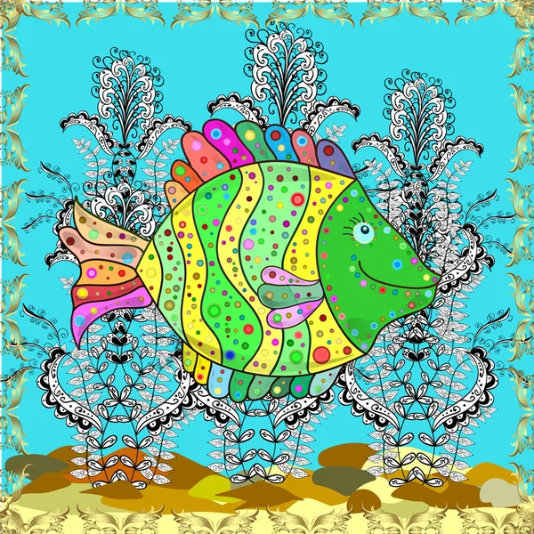 Бесшовно Рыбы Желтом Синем Белом Иллюстрация Ручной Рыбный Каракули — стоковое фото