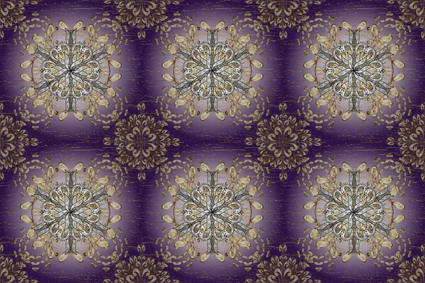 Golden pattern on violet, white and neutral colors with golden elements. Floral tiles. Raster golden textile print. Islamic design. Seamless pattern oriental ornament.