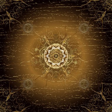 Altın antika çiçekleri, yapraklar ve siyah, kahverengi ve bej renklerde altın desenli süslemeleri olan vektör desenli duvar kağıdı. Kusursuz kraliyet lüksü, altın barok kumaş rengi..