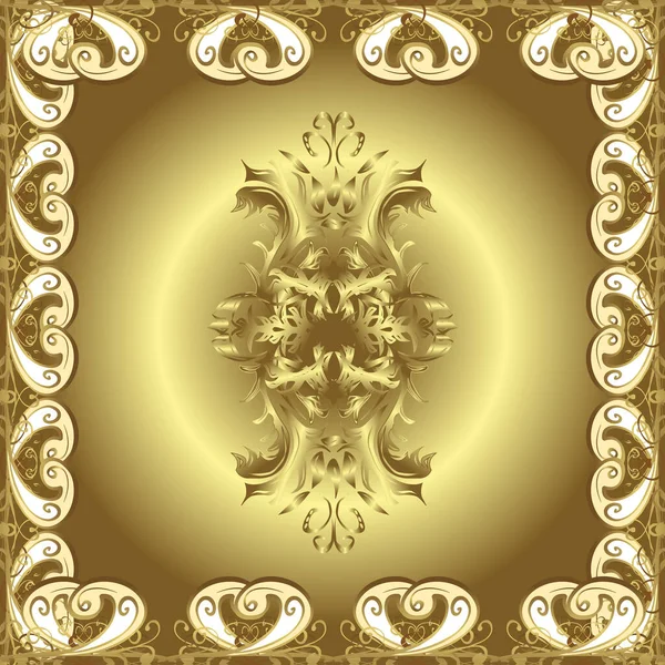 Золотой Цветочный Узор Дамаска Желтом Коричневом Нейтральном Цветах Белыми Каракулями — стоковое фото
