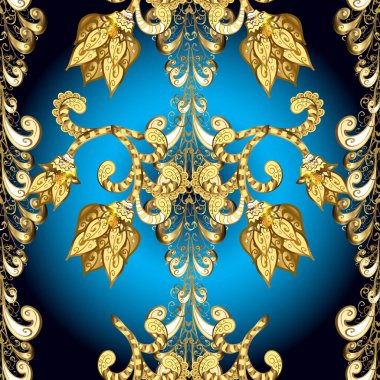 Kusursuz klasik sarı, mavi, siyah ve altın desenli vektör. Beyaz karalamalı geleneksel oryantasyon süsü. Klasik vintage arkaplan.