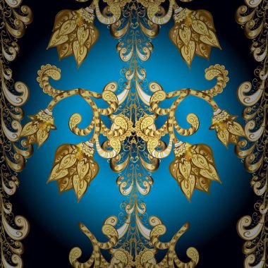 Vektör çizimi. Şam, tasarım için kusursuz desen. Sarı, siyah ve mavi renklerde, altın elementler ve beyaz karalamalar üzerinde vektörsüz desen.