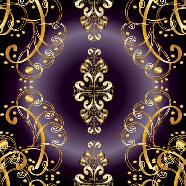 Seamless altın modeli. Vektör şark süsleme. Siyah, kahverengi ve sarı renkler altın elemanları ile beyaz karalamalar ile altın desen.