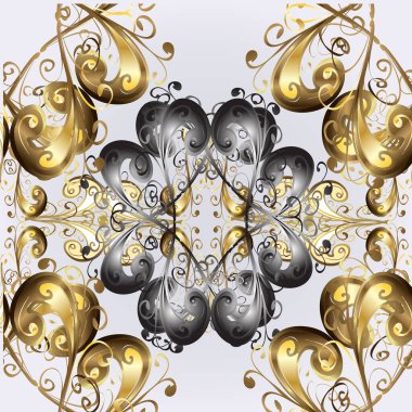 Kusursuz altın desenli bukleler. Vektör çizimi. Kahverengi, gri ve altın elementli nötr renkler. Doğu tarzı arabesk. Vektör altın desen.