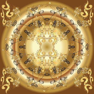 Vektör çizimi. Beyaz karalamalı sarı, kahverengi ve bej renklerde Damask altın çiçek deseni. Süsleme.