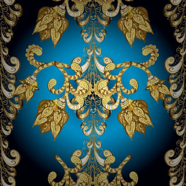 ベクトルイラスト デザインのためのダマスクシームレスパターン 青の上のベクトルシームレスなパターン黄金の要素と白いドドルと色 — ストックベクタ
