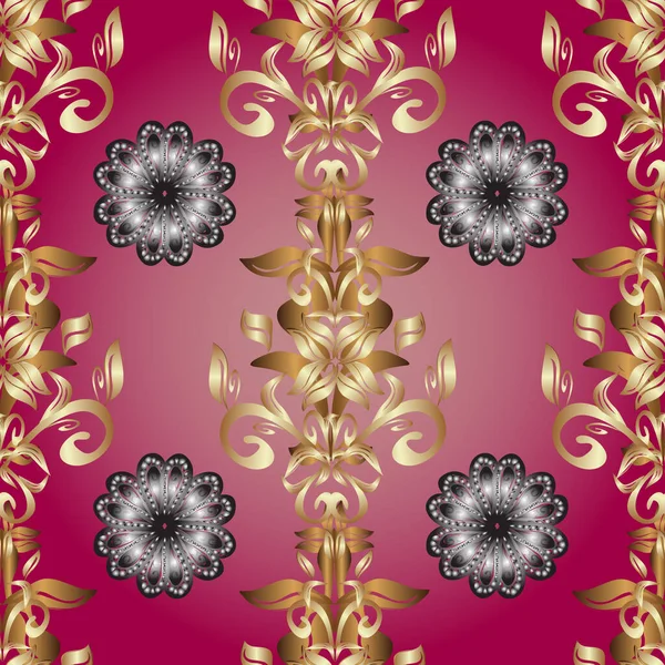Goud Beige Paars Roze Bloemsieraad Barokke Stijl Goud Behang Textuur — Stockvector