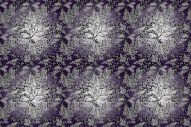 Asya tekstil tarzında. Renkli Bahar Temalı Kusursuz Arkaplan. Kusursuz çiçek deseni. Siyah, beyaz ve mor renkli çiçekler. Düz Çiçek Elementleri Tasarımı. Raster illüstrasyonu.