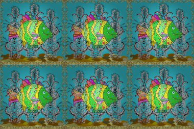 Sarı, beyaz ve mavi. Raster illüstrasyonu. Kusursuz. Suluboya balık deseni.