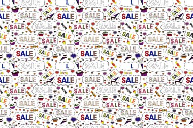 Renkli arka planda şirin unsurları olan satış afişi şablonu. Beyaz, gri renklerle dekore edilmiş güzel elementlerle promosyon teklifi. Raster. Alışveriş için kart. Yaz dönemi. Kusursuz desen.