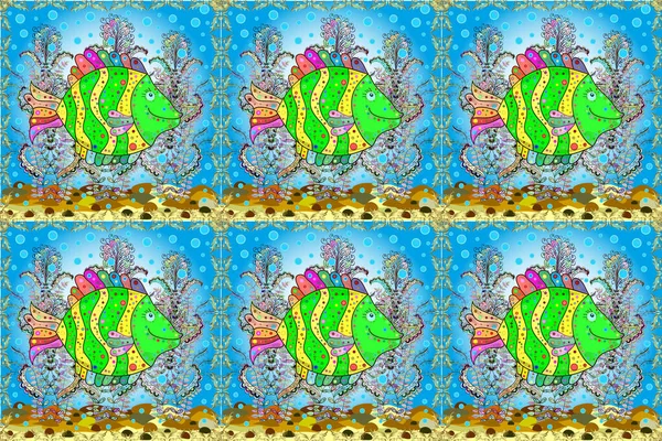 Blå Neutral Och Grön Vattenfärg Struktur Fisk Mönster Sömlös — Stockfoto