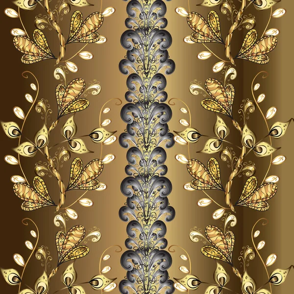 バロック様式のシームレスな東洋の装飾 ベージュ グレー ブラウンの上に白いドドルとベクトル伝統的な古典的な黄金のパターン — ストックベクタ