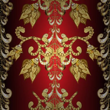 Vektör çizimi. Kahverengi, sarı ve kırmızı renklerde, altın elementlerle klasik, pürüzsüz desen..