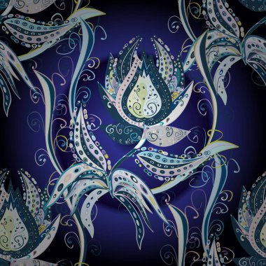 Kusursuz çiçek deseni duvar kâğıdı olarak kullanılabilir. Vektör çizimi. Siyah, nötr ve mavi renkte çiçekler.