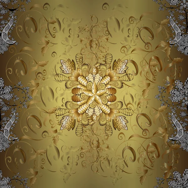 黄金の要素と黒 ブラウンおよびベージュ色の伝統的な古典的な黄金ベクトル パターン バロック様式のスタイルでシームレスな東洋飾り — ストックベクタ
