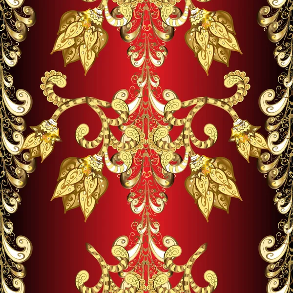 皇家和维多利亚时代的概念 华丽的矢量装饰 红色和黄色的金色元素 古色古香的巴洛克花 金黄色 红色和黄色的无缝图案 — 图库矢量图片