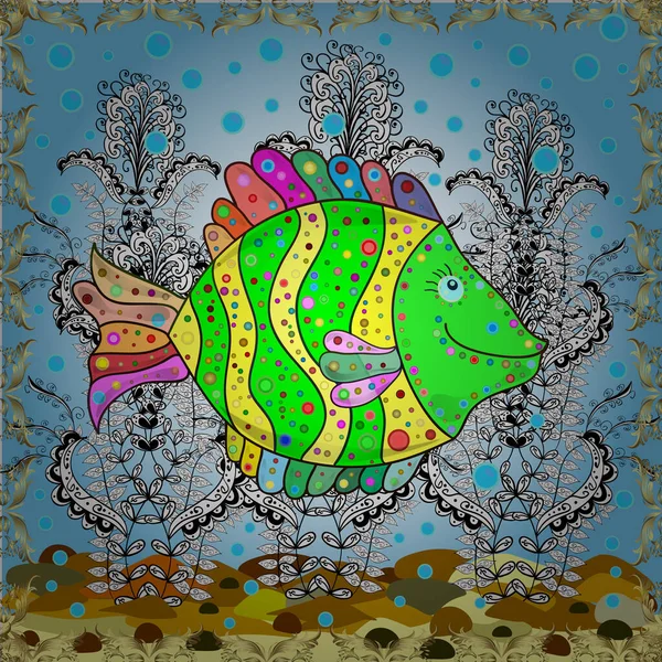 Disegnato Mano Pesci Giallo Neutrale Azzurro Motivo Pesce Senza Soluzione — Vettoriale Stock