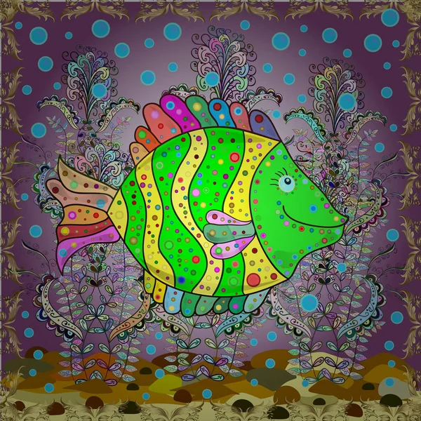 Fisch Doodle Stil Fische Auf Violett Grün Und Neutral Handgezeichnet — Stockvektor