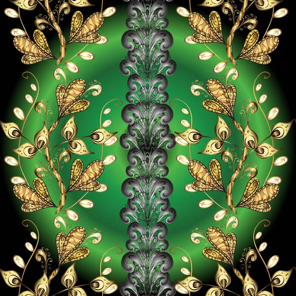 シームレスなパターン東洋の装飾 ベクトル黄金のテキスタイルプリント イスラムデザイン 黄金の要素と緑 黒とグレーの色に黄金のパターン — ストックベクタ