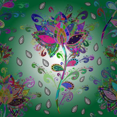 Güzel kumaş deseni. Düz Çiçek Elementleri Tasarımı. Renkli Yaz Temalı Kusursuz Arkaplan. Vektör illüstrasyonunda trendsiz çiçek deseni.