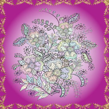 Kusursuz çiçek deseni yerleştirildi. Renkli Yaz Temalı Kusursuz Arkaplan. Tarafsız, mor ve mor renkli çiçekler. Düz Çiçek Elementleri Tasarımı.